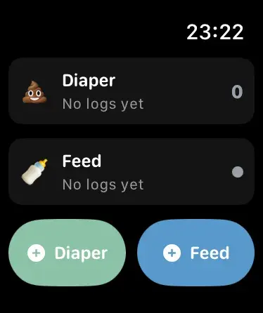 Watch app home screen showing diaper and feed logs